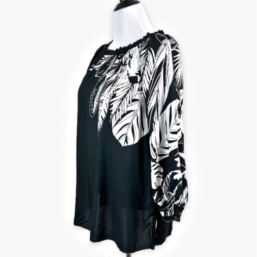 Soft Surroundings Size M Palm Leaf Blouse Ruffle Trim Black White